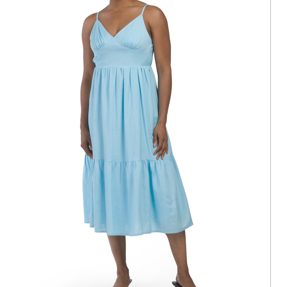 NWT - Linen Blend JAPNA Bodice Detailed Flounce Hem Aquamarine Midi Dress - L